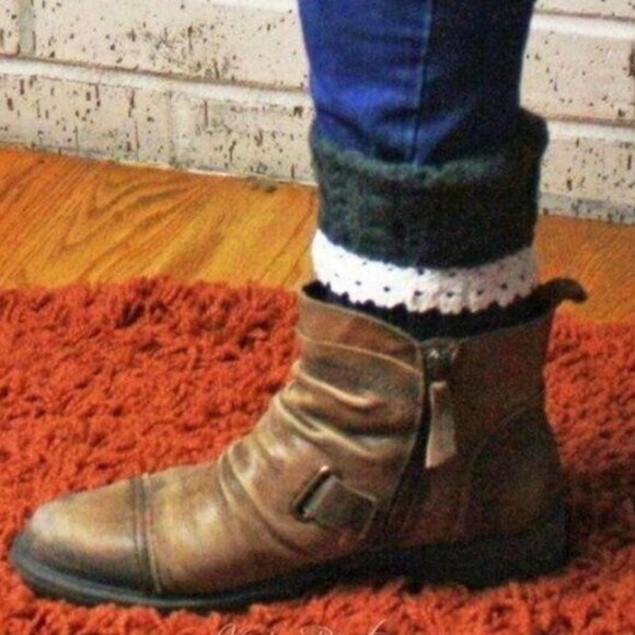 Brown Cable Knit Boot Cuffs Leg Ankle Warmers Lace Trim Women's One Size - Picture 5 of 5